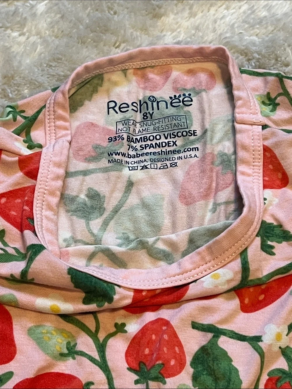 Bamboo Strawberry Print Pink Kids Pajama Set